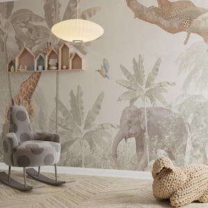 Carta da parati con animali della giungla per camerette avventurose, cameretta a tema animali, decorazioni per camerette, carta da parati personalizzata, restyling della cameretta