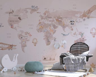 Papel pintado con mapa del mundo, Papel pintado mural de la jungla para habitación infantil, Papel pintado personalizado para dormitorio infantil, Papel pintado de la jungla para niños