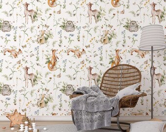 Forest Friends Animal Wallpaper, Woodland animal nursery wallpaper, kids wallpaper, peel and stick, childrens wallpaper, self adhesive