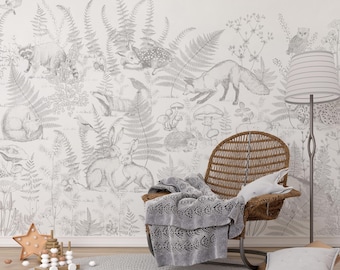 Woodland Toile Farmhouse Wallpaper, Forest Modern Black and White Peel and Stick Self-adhesive Wallpaper, Animals Trees Mural