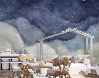 Night Sky Repositionable Wallpaper, Stars and Moon Wall Design, Peel & Stick Fabric Wallpaper, Space Self Adhesive Wallpaper for Nursery