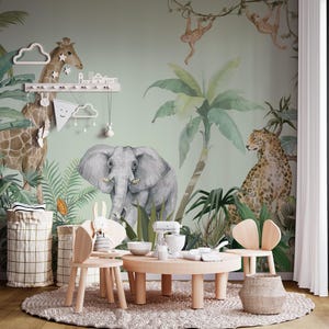 Safari Animals Wallpaper Nursery Removable, Giraffe and Elephant Wall Mural Toddler Room African Animal Wallpaper Kids Peel and Stick
