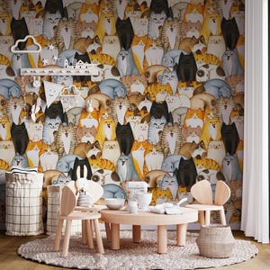 Funny Cats Wallpaper, Cats Wallpaper Peel and stick, Removable Nursery wallpaper, Kids room wall mural, Cats Removable Peel and Stick