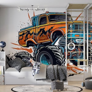 Carta da parati murale per bambini Monster Truck Cars Camion per ragazzi Cars Decorazione moderna per la stanza Sala giochi per bambini Stacca e attacca Autoadesivo Dimensioni personalizzate