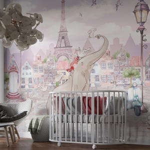 Carta da parati Animal Kids City Peel and Stick, murale da parete Elephant Cute City House Town, carta da parati Eiffel Tower, carta da parati Paris Street