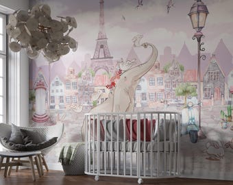 Animal Kids City Wallpaper Peel and Stick, Elephant Cute City House Town Wall Mural, Eiffel Tower Wallpaper, Paris Street Wallpaper