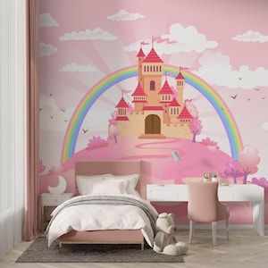 Magic Pink Castle Wallpaper, Peel And Stick, Girls Nursery Wall Decor, Kids Wall Mural Princess Castle #68