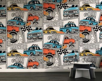 Monster Truck Wallpaper, Racing Gaming theme mural, Playing room wallpaper, Hot Car Wallpaper, Racing Car Wall For Kids Room Decor and Boy