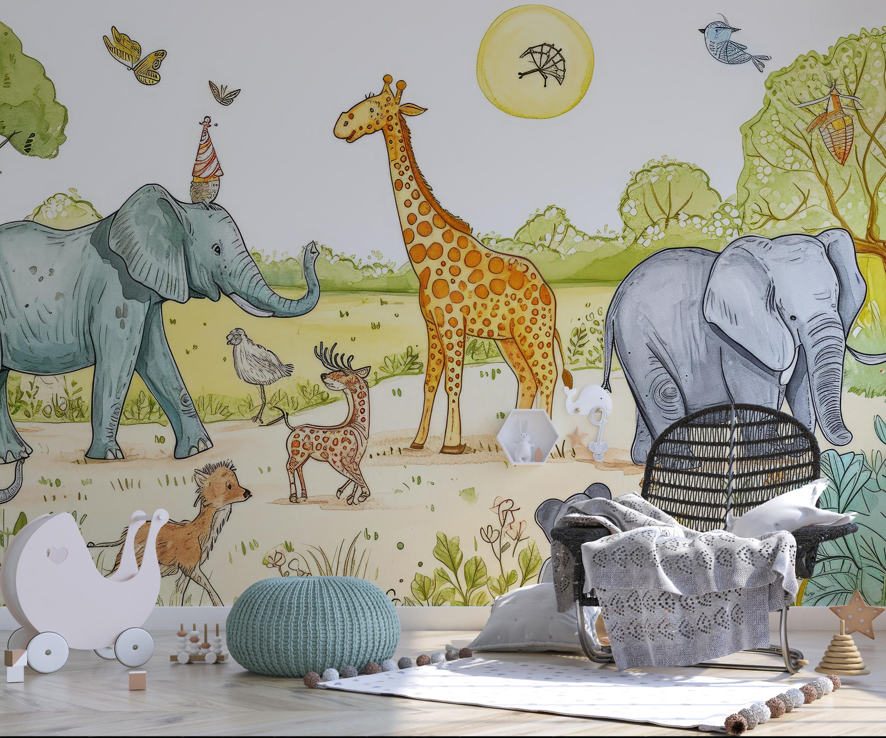 Watercolor Safari Animals Removable Wallpaper, Jungle Animal Wall Mural ...