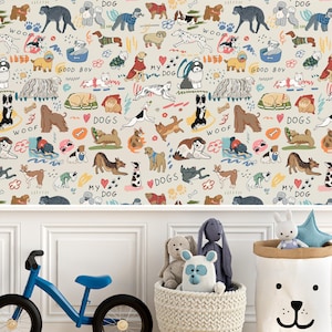 Paws and Dogs Nursey Wallpaper, Peel and Stick Cute Animal for Kids Room Mural, Kids Dogs Cute Cartoon Doggyland Family Wallpaper