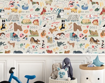 Paws and Dogs Nursey Wallpaper, Peel and Stick Cute Animal for Kids Room Mural, Kids Dogs Cute Cartoon Doggyland Family Wallpaper