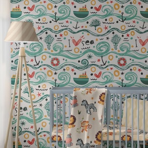Lighthouse Wallpaper, Whales and Ships Wallpaper, Ocean life Nursery wallpaper, Girls Room Wallpaper Peel and Stick
