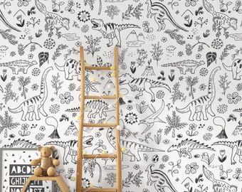 Dinosaur Wallpaper Nursery for Boys Room, Black and White Dinosaur, Peel and Stick or Traditional Kids Room Wallpaper