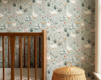 Silly Goose Wallpaper - Vintage Animals Nursery Peel and Stick Mural, Farmhouse Cute Pattern