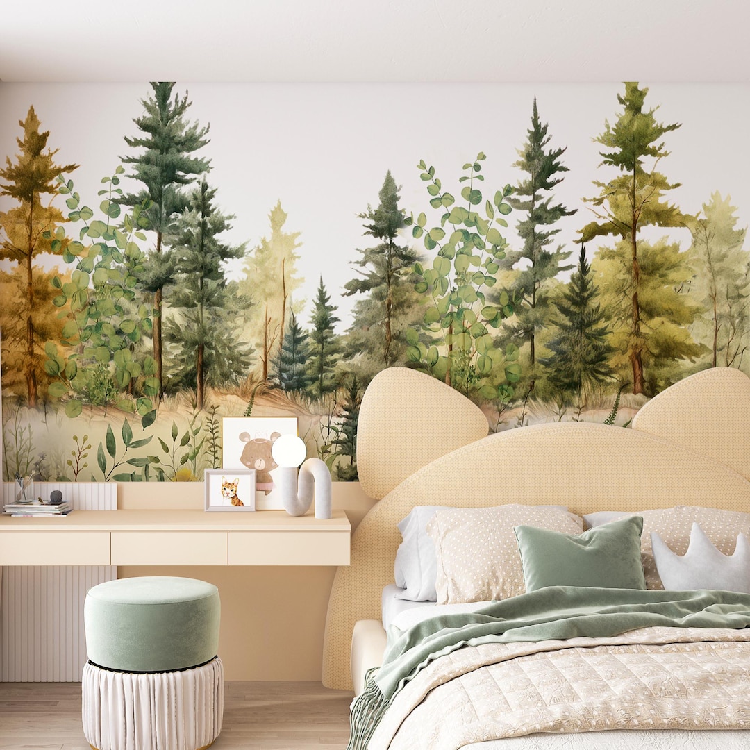 Fairy Pine Tree Peel and Stick Wall Mural, Watercolor Woodland Kids ...