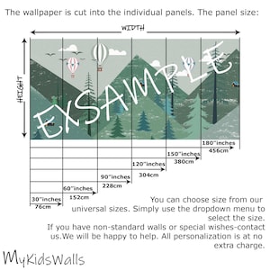 May include: A sample of a wallpaper mural depicting a green mountain landscape with hot air balloons. The wallpaper is available in various sizes, including 30 inches by 76 cm, 60 inches by 152 cm, 90 inches by 228 cm, 120 inches by 304 cm, 150 inches by 380 cm, and 180 inches by 456 cm. The text on the image reads "You can choose size from our universal sizes. Simply use the dropdown menu to select the size. If you have non-standard walls or special wishes-contact us. We will be happy to help. All personalization is at no extra charge."