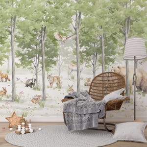 Forest Animal Wallpaper, Wildlife Wallpaper, Forest Tree Wall Mural, Kids Peel and Stick Wallpaper, Nursery Wallpaper, Kids Wallpaper