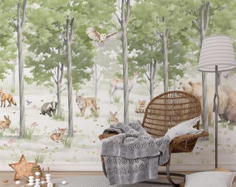 Forest Animal Wallpaper, Wildlife Wallpaper, Forest Tree Wall Mural, Kids Peel and Stick Wallpaper, Nursery Wallpaper, Kids Wallpaper