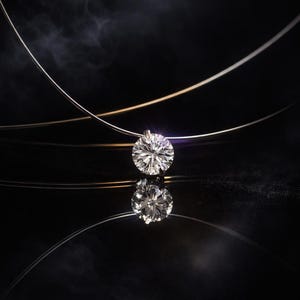 May include: A sparkling diamond pendant necklace with a round-cut diamond. The diamond is suspended on a delicate, nearly invisible chain. The background is black, with a reflective surface, creating a dramatic effect.