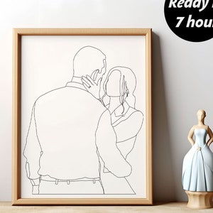 Foto lijntekening paar, gepersonaliseerde afbeelding overzichtskunst, huwelijksverjaardag verjaardagscadeautjes, lijnportret van foto, minimalistische kunst