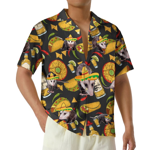Mexican Fiesta Opossum AOP Hawaiian Shirt, Funny Sombreros Taco Mexican Party Button Up Shirt, Opossum Lover Shirt