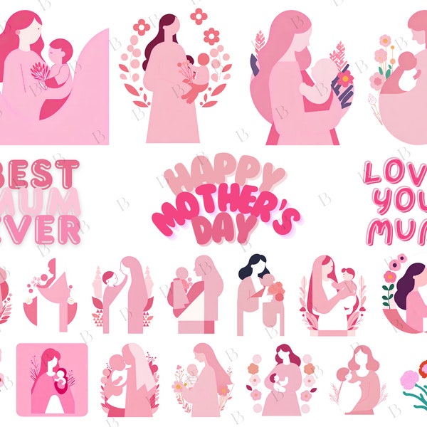 Mum Mummy Mom SVG PNG JPG Pink Vector Icon Illustrations | Woman Baby Icons Illustration | Women Babies Graphic| Art Design Card Mothers Day