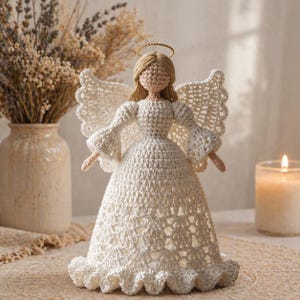 Pode incluir: Uma figura de anjo de crochê artesanal em marfim. O anjo tem uma auréola, asas e um vestido longo com bainha com babados. Os braços e a cabeça são de cor bege claro. O anjo é um item decorativo.