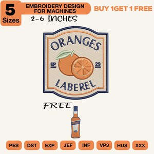 Op de afbeelding: Een borduurontwerp voor machines met een rechthoekig label met de tekst ORANGES LABEREL, een illustratie van een sinaasappel en het getal 29. Hieronder staat een apart borduurontwerp van een oranje fles met de tekst APEROL.