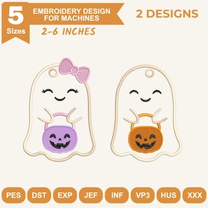 May include: Two white ghost embroidery designs for machines, each holding a jack-o'-lantern bucket. One ghost features a pink bow and a purple bucket, while the other has an orange bucket. Text includes 5 Sizes, 2-6 INCHES, and 2 DESIGNS.