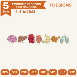 Puede incluir: Un diseño de bordado para máquinas con siete órganos humanos de dibujos animados con caras, incluyendo cerebro, hígado, corazón, riñón, estómago, páncreas y pulmones. El texto dice 5 SIZES 4-8 INCHES EMBROIDERY DESIGN FOR MACHINES 1 DESIGNS.
