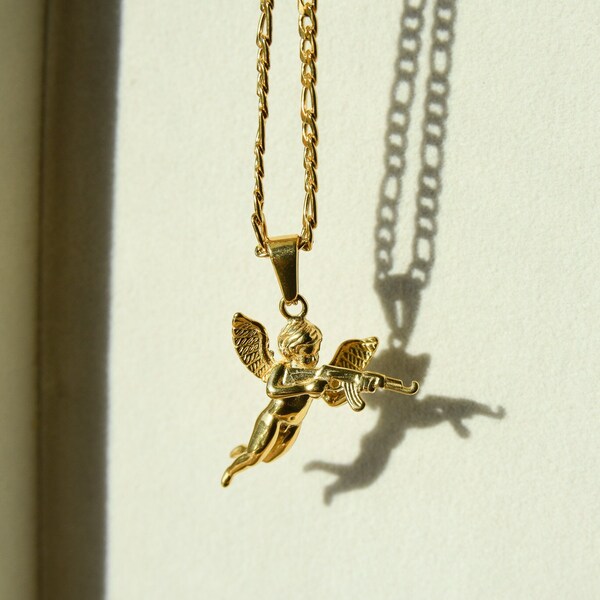 Cupid Necklace Cupid With Gun Gold Cupid Pendant Guardian Angel Necklace Gift For Him Boyfriend Necklace Revenge Necklace Cherub Necklace