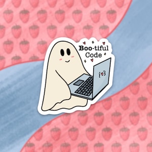 May include: A white ghost holding a laptop with the text "Boo-tiful Code" and a heart symbol on the screen. The ghost has a happy expression and is surrounded by pink hearts and stars.
