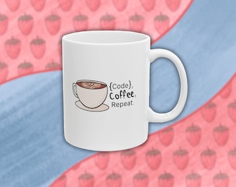 Kubek Code Coffee Repeat: prezent dla programisty, humor techniczny