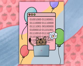 Carte de codeur joyeux anniversaire : motif binaire chat
