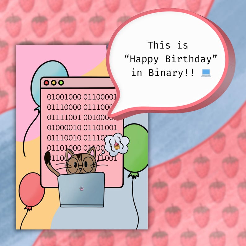Happy Birthday Coder Card: Cat Binary Design - Etsy
