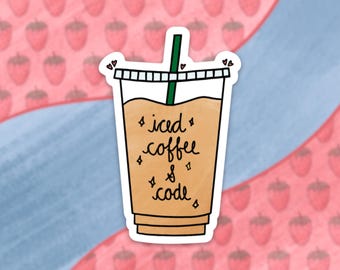 Naklejka na laptopa z mrożoną kawą i kodem – odporna na warunki atmosferyczne winylowa naklejka na laptopa