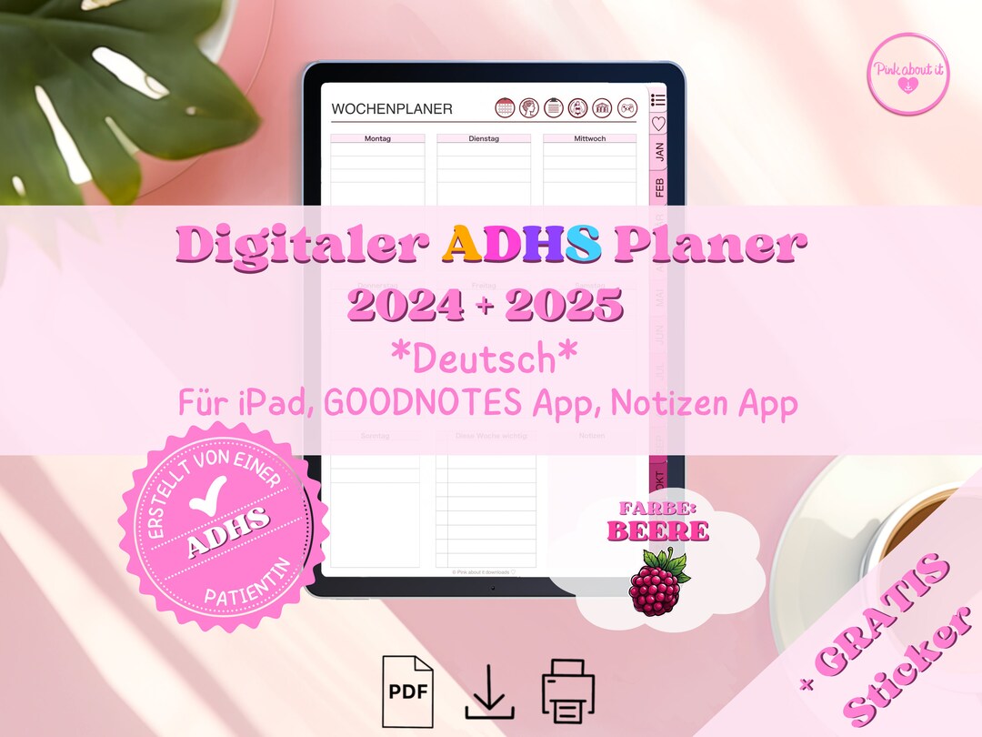 Digitaler ADHS Planer 2024 2025, Deutsch, Digitaler Planer Für Erwachsene, Journal, Rosa