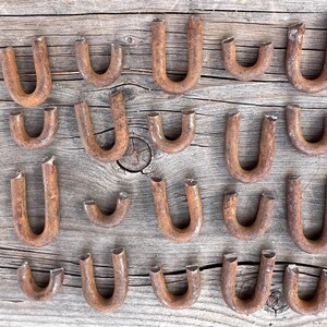 Puede incluir: Colección de objetos metálicos oxidados en forma de U dispuestos sobre una superficie de madera envejecida. Las piezas metálicas varían en tamaño y muestran signos de edad y desgaste, con un color marrón rojizo. La madera tiene una veta y textura natural.