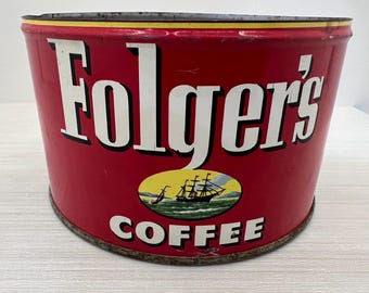 Lata vintage de café Folger’s (1 libra, sin tapa), publicidad de las décadas de 1950 y 1960