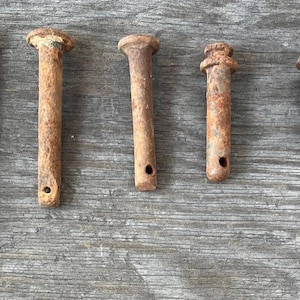 May include: A collection of seven antique, rusty metal rivets of varying sizes and shapes. Each rivet has a cylindrical body and a rounded or flat head. Some have holes or threads, suggesting they were used for fastening.