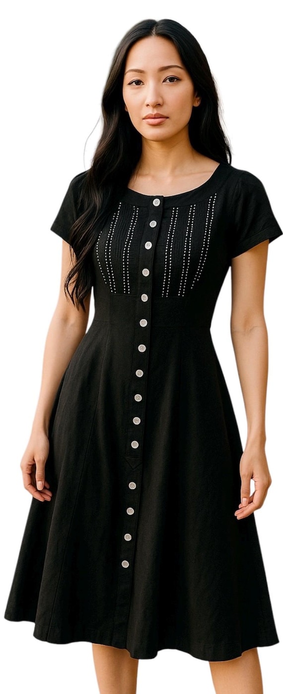 Vintage 1950s Black Cotton Dress | White Trim Button Front | Fitted A-Line | Xs