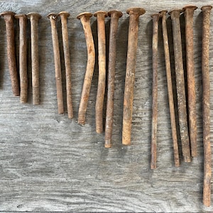 Może przedstawiać: Kolekcja starych, zardzewiałych metalowych śrub o różnych długościach i grubościach. Śruby mają zwietrzały, postarzały wygląd, z widoczną rdzą i przebarwieniami. Łby śrub są płaskie i okrągłe.