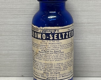 Bouteille bleu cobalt Bromo-Seltzer Emerson - Couvercle d'origine - 1915-1921