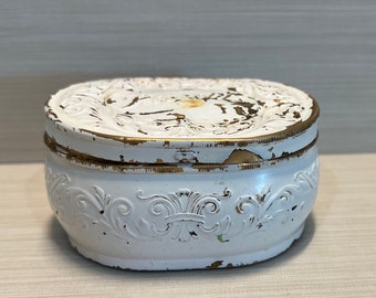 Antique Pozzoni Powder Box 1920s – White Embossed Copper Vanity Tin, Victorian Cosmetic Container