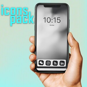 Pode incluir: Um smartphone preto com uma tela branca que mostra a hora 10:15 e a palavra "Segunda-feira". A tela também mostra quatro ícones: uma bolha de bate-papo, uma câmera, uma onda de rádio e um logotipo do LinkedIn.