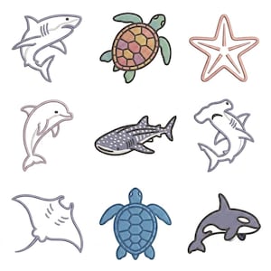 海の生き物刺繍セット、イルカ、カメ、ヒトデのアイコン（デジタルダウンロード）