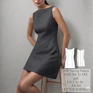 May include: A sleeveless, charcoal gray dress with a boat neckline. The dress is knee-length and has a fitted silhouette. A white graphic with the text "PDF Sewing Pattern SIZE: XS To 4XL and US 2 To 30 A4-A0 LETTER FORMAT" is in the image.