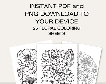 25 Floral Coloring Sheets DIGITAL FILES PDF Coloring Book