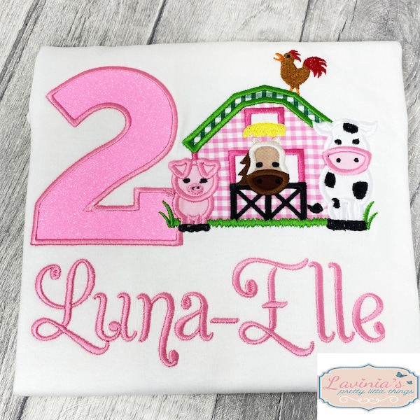 Personalised Girls Pink Barnyard Cow, Pig, Pony Number Birthday T-Shirt, Farm Animal Number T-Shirt, Embroidered Any Name, Age T-Shirt