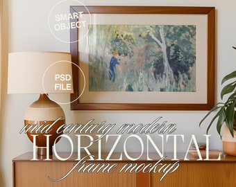 Elegant Interior Frame Mockup, Large Horizontal Poster Mockup, Elegant Wall Art Mockup Frame, Preppy Artwork Display PSD, Mid Century Mockup